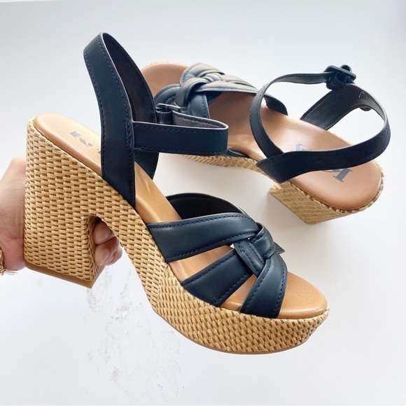 KORKS Dee Black Wedge Heel Platforms Wicker 70’s NEW - Picture 3 of 10